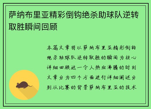 萨纳布里亚精彩倒钩绝杀助球队逆转取胜瞬间回顾